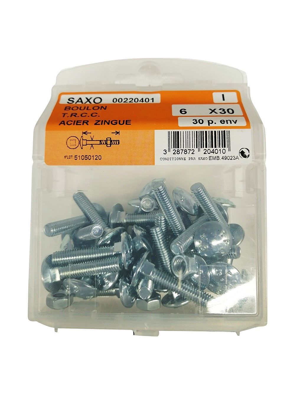 Boulons TRCC acier zingué 6x30mm - Les 30 pièces