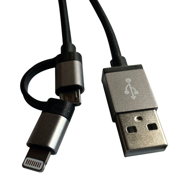 Cordon micro usb+lightning mfi longueur 1m
