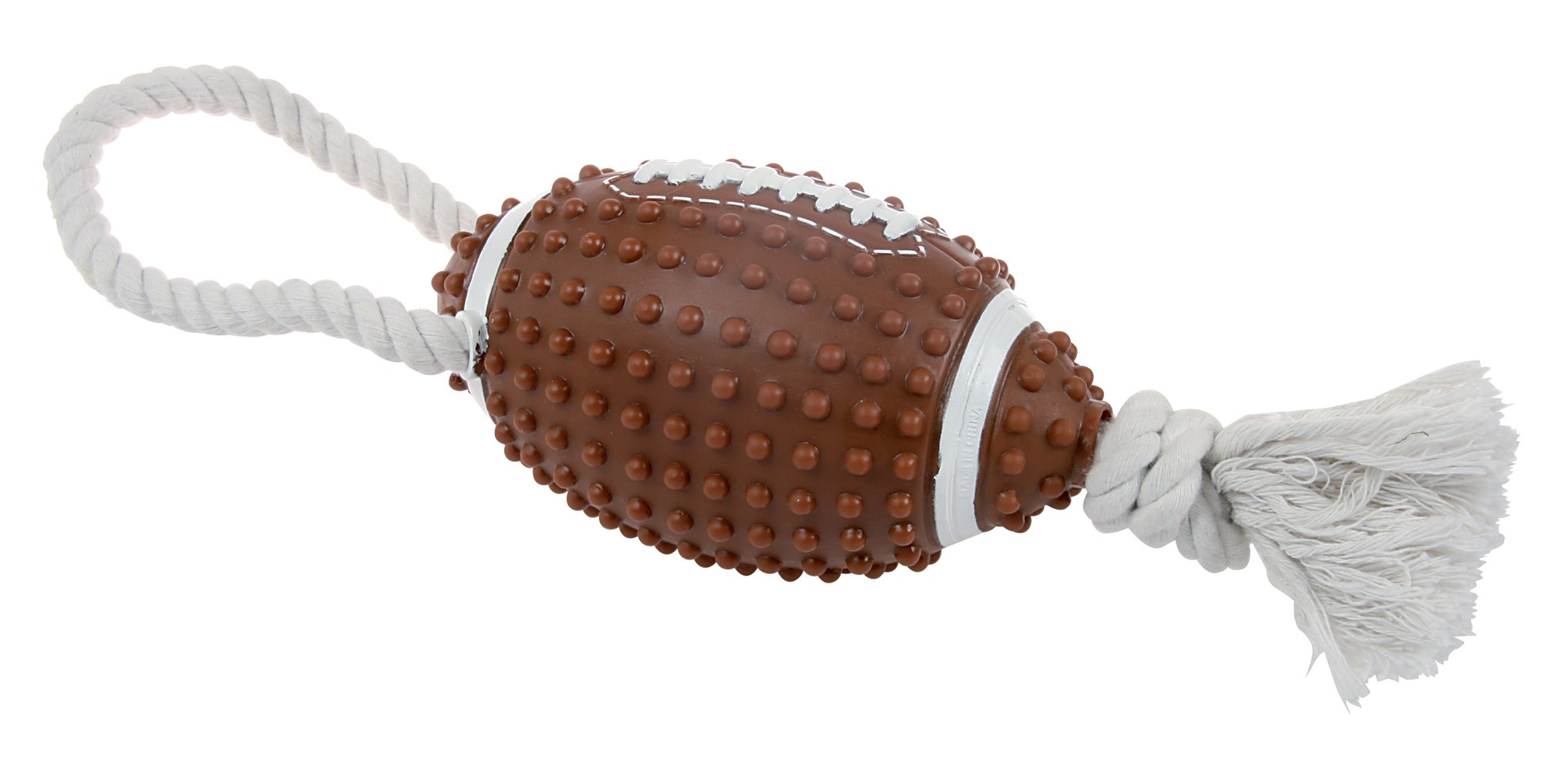 Jouet chien vinyle balle foot US avec corde - 11cm
