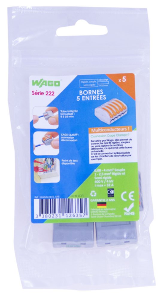 5 bornes 5 entrées Série 222 400V - WAGO