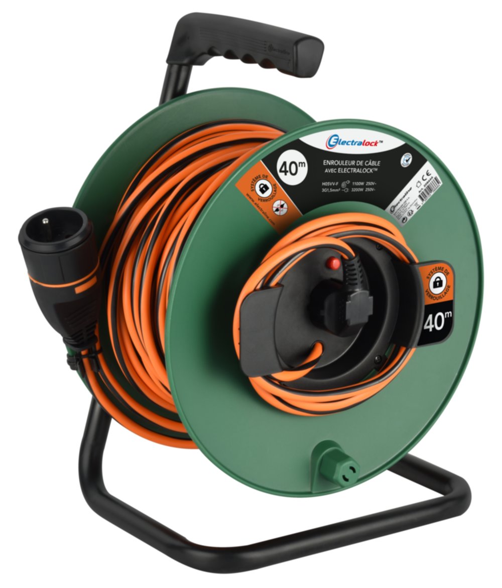 Enrouleur Jardin 40m H05VV-F 3G1,5 Vert/noir/orange - ELECTRALOCK