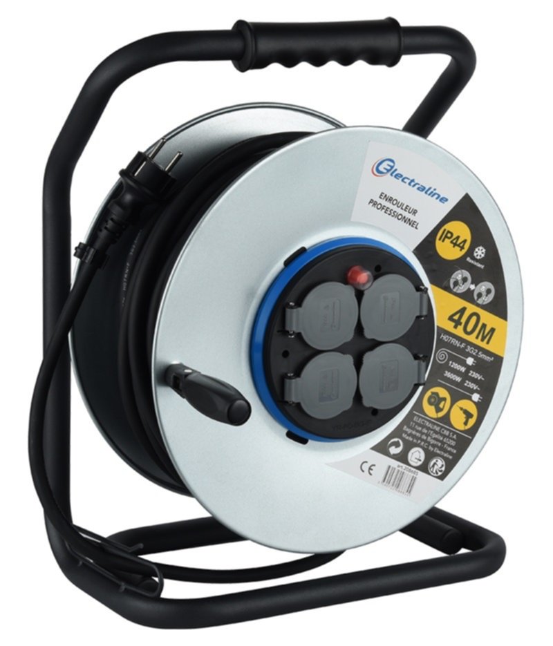 Enrouleur électrique métallique 40m 3G2,5mm² platine fixe - ELECTRALINE
