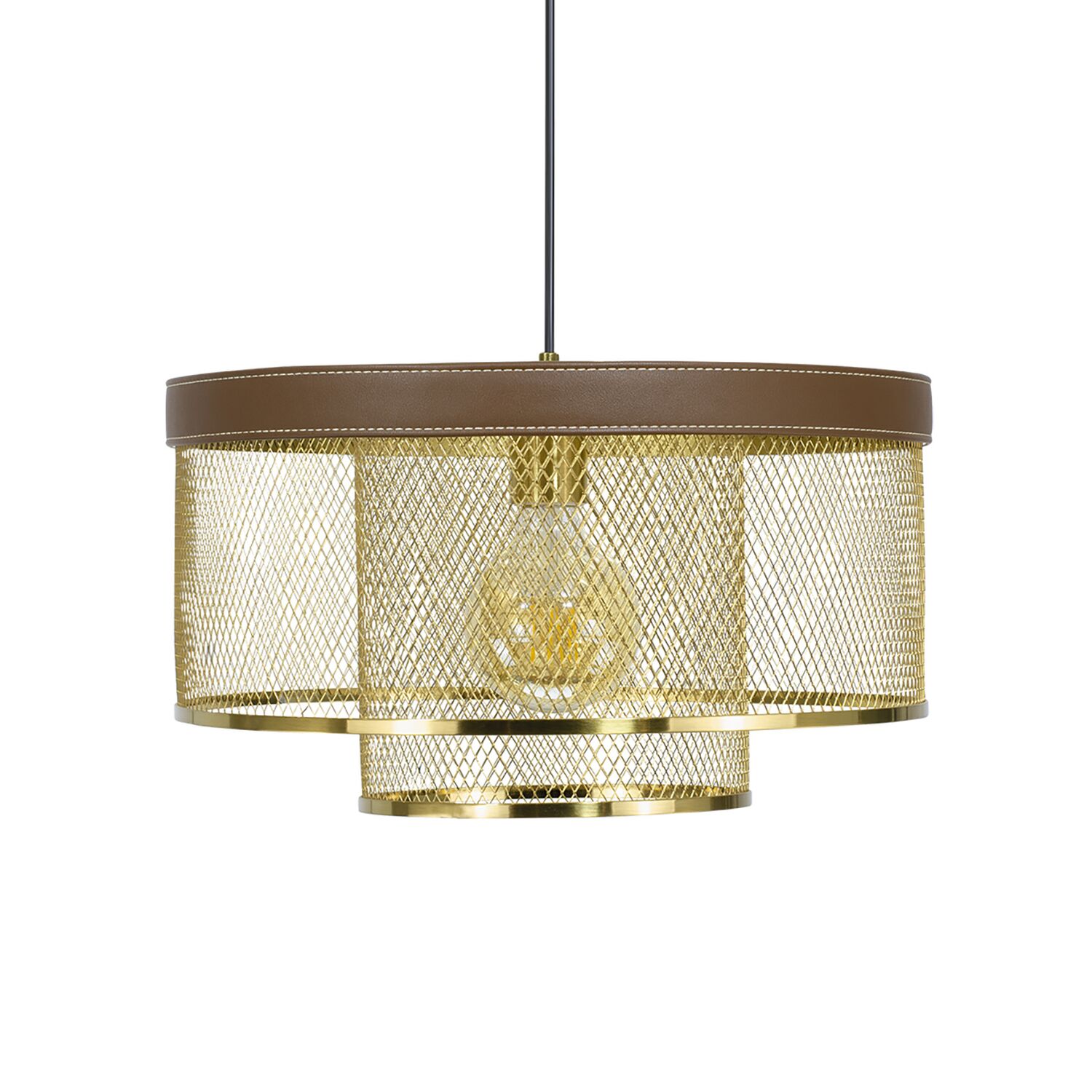 Suspension Acuero métal doré cuir marron Ø40cm H.27–148cm - C-CREATION