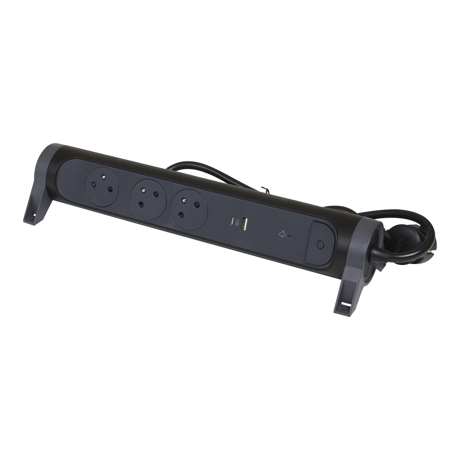 Multiprise 3 prises 2P+T Interrupteur Cordon 1,5m Parafoudre + USB A+C Noir