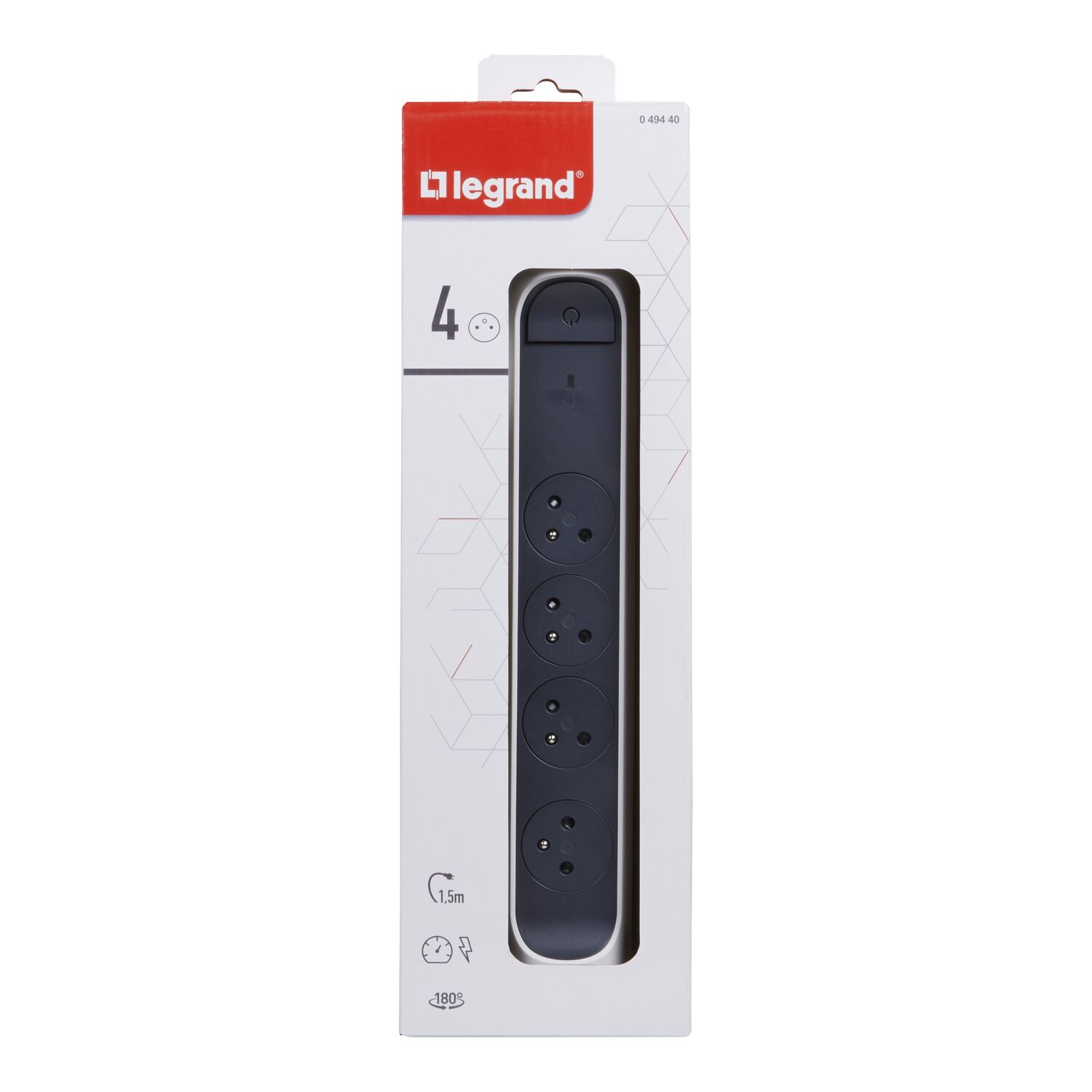 Multiprise 4 prises 2P+T Interrupteur Cordon 1,5m + Disjoncteur+LED Blanc/Noir