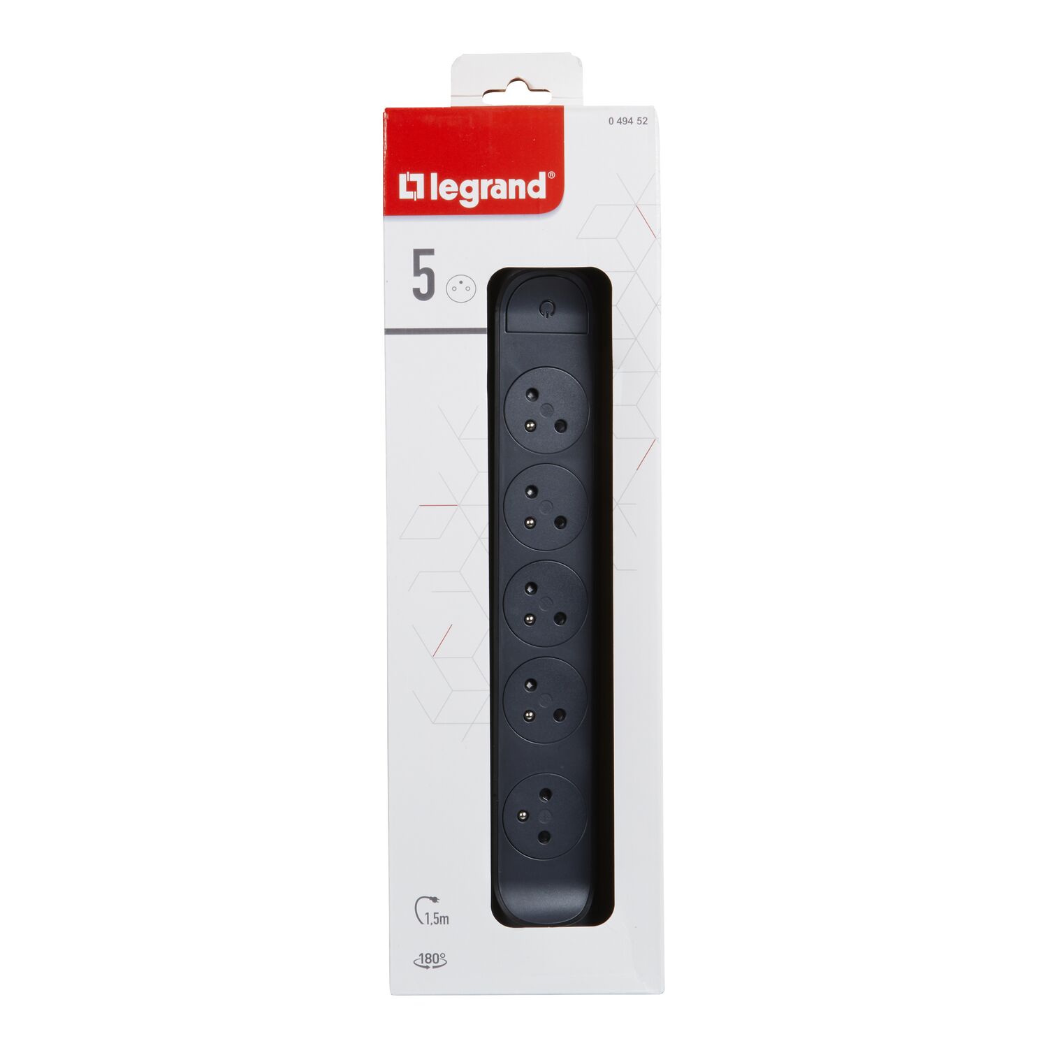 Multiprise 5 prises 2P+T Interrupteur Cordon 1,5m 3G 1mm² Noir