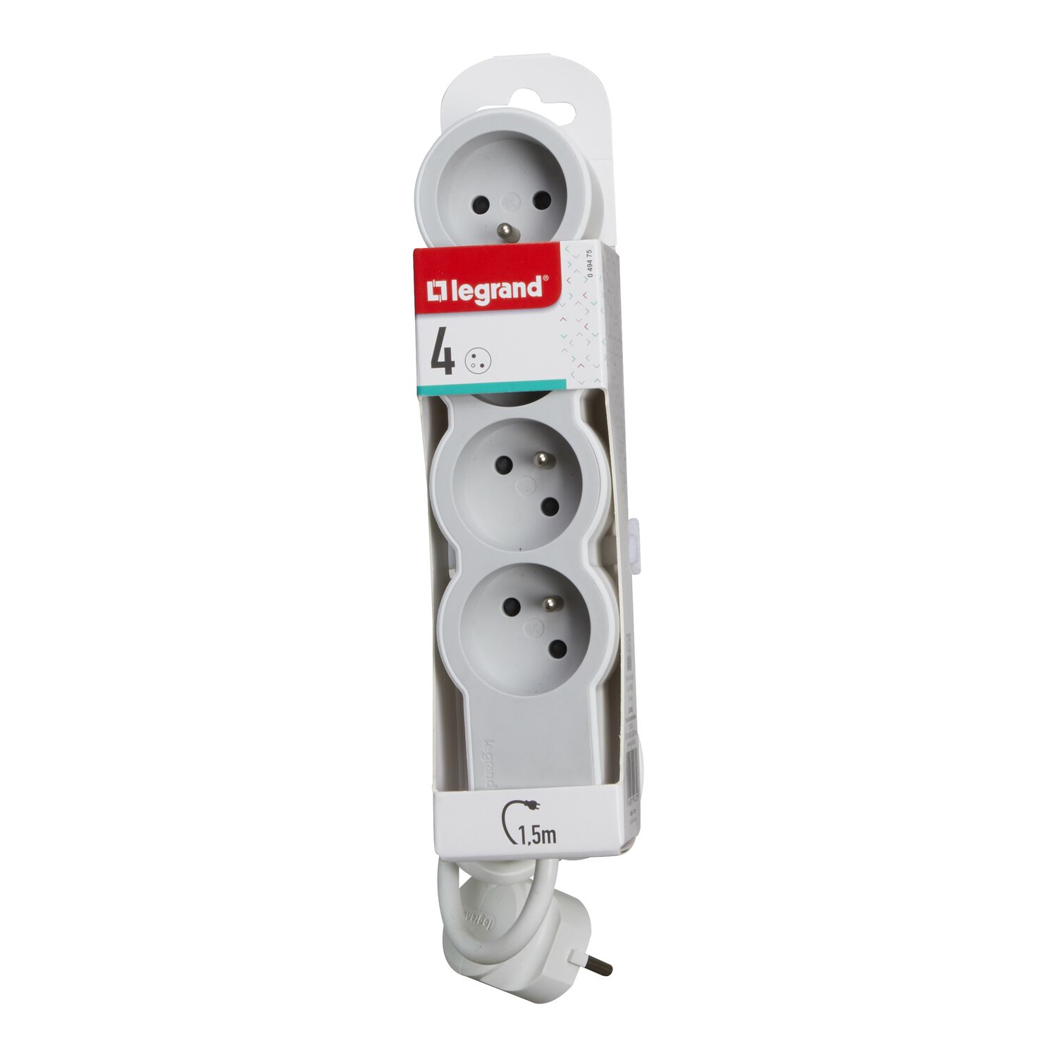 Multiprise 4 prises 2P+T Cordon 1,5m 3G 1mm² Blanc/Gris Clair