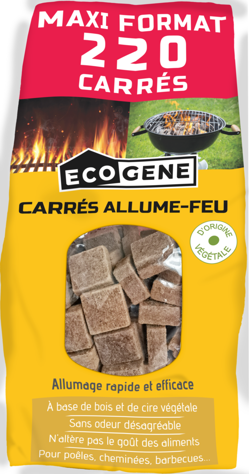 Carrés allume-feu cire végétale ecoge sachet x220