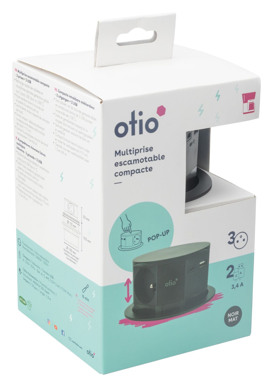 Bloc multiprise noir encastrable compact bureau/cuisine - OTIO