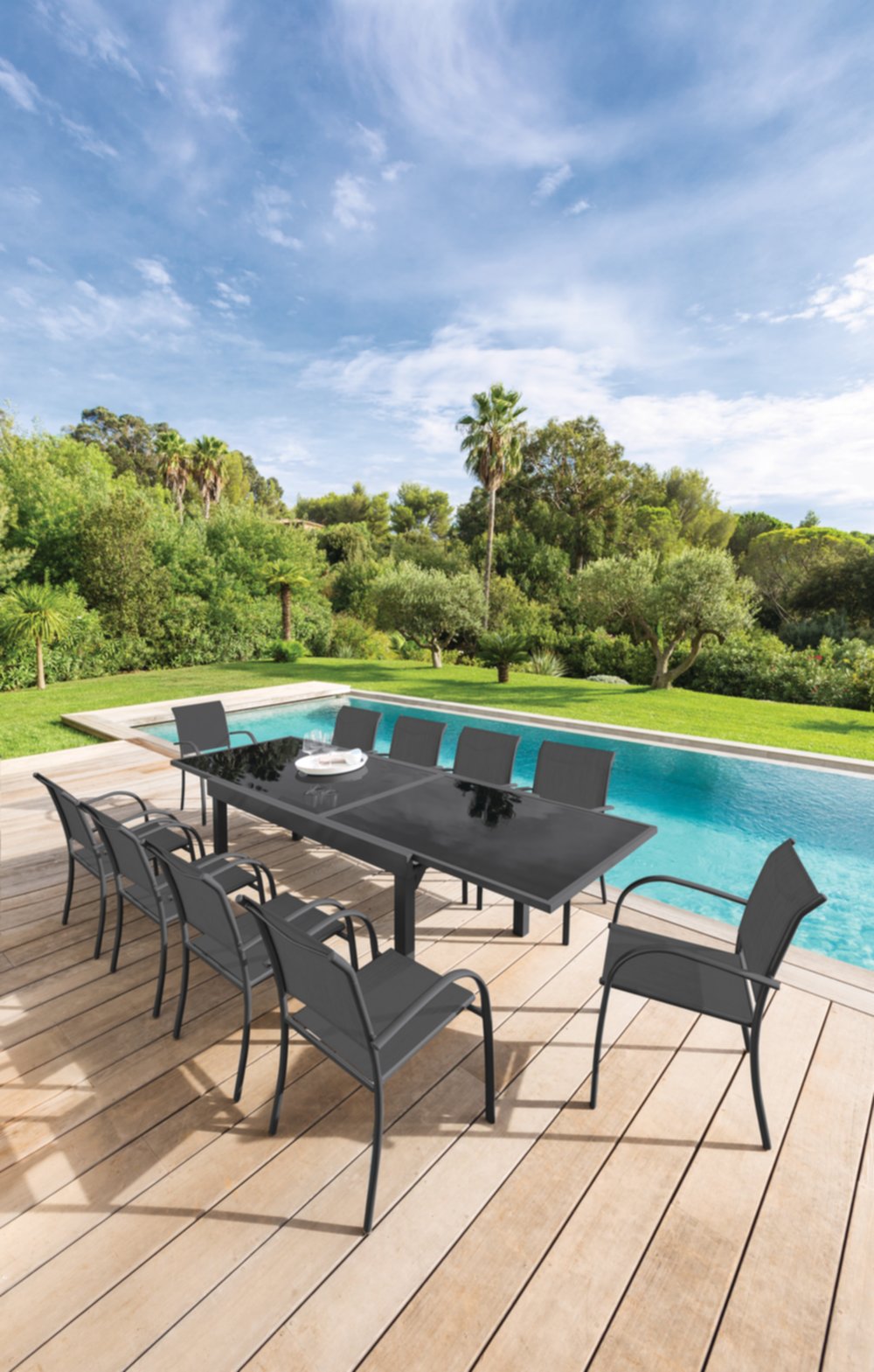 Table de jardin extensible 10 pers. Piazza verre gris