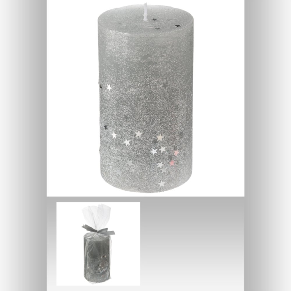 Bougie cylindrique pailletée argent 12cm
