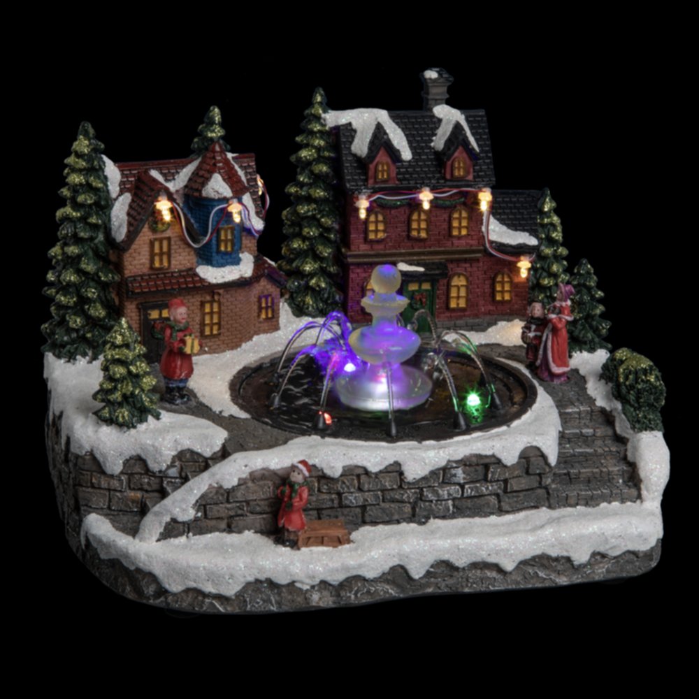 Village de noël scène fontaine avec enfants