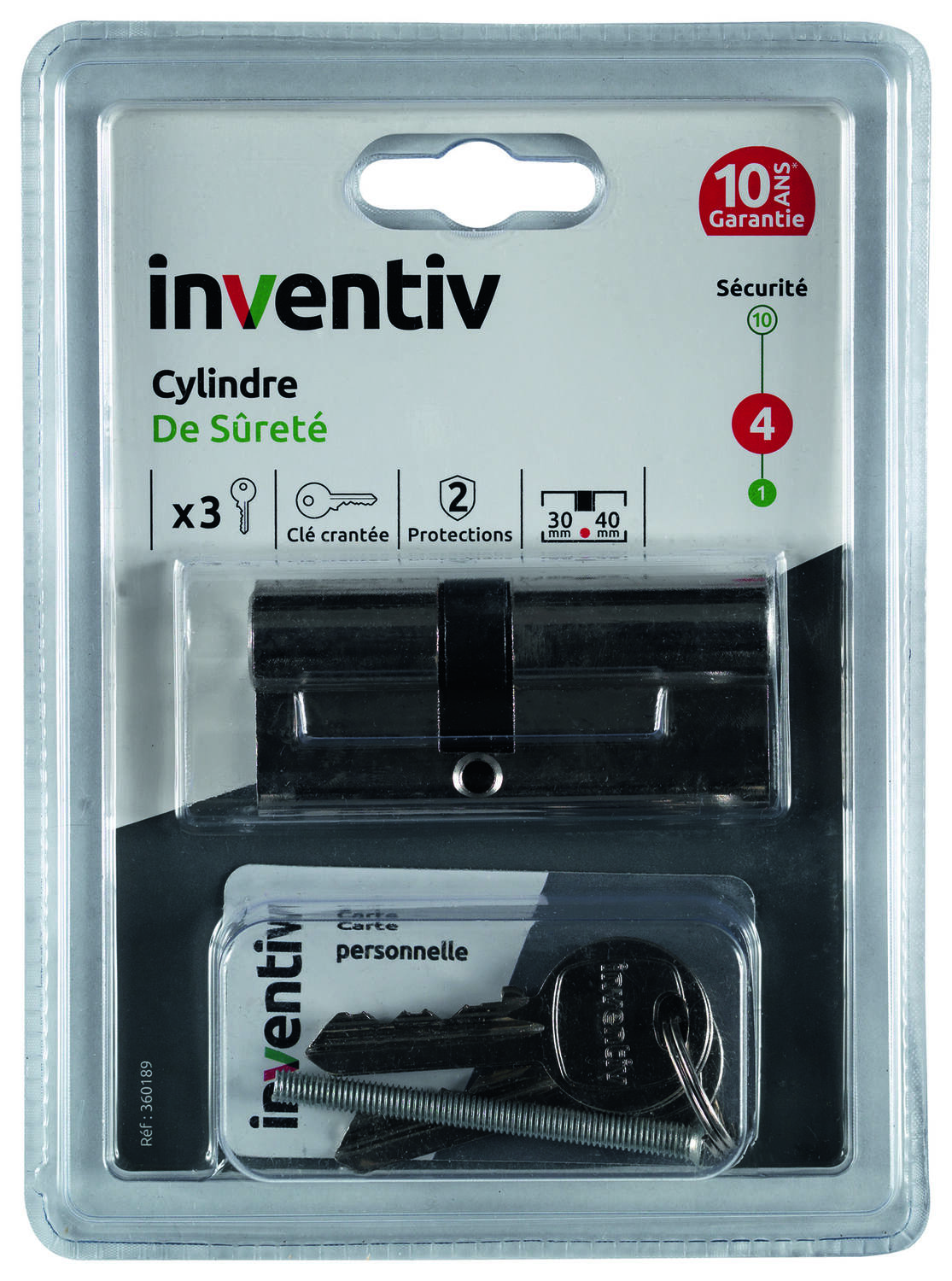 Cylindre de Serrure Surêté L.30+40mm - INVENTIV