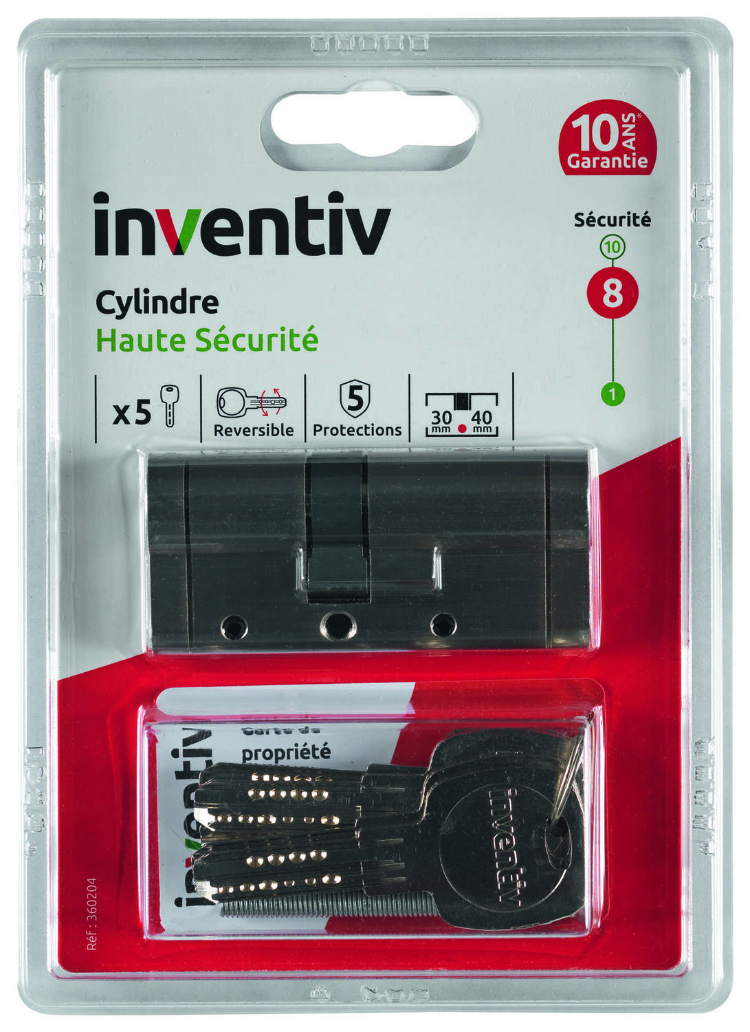 Cylindre de Serrure Haute Sécurité 5 Protections L.30+40mm - INVENTIV