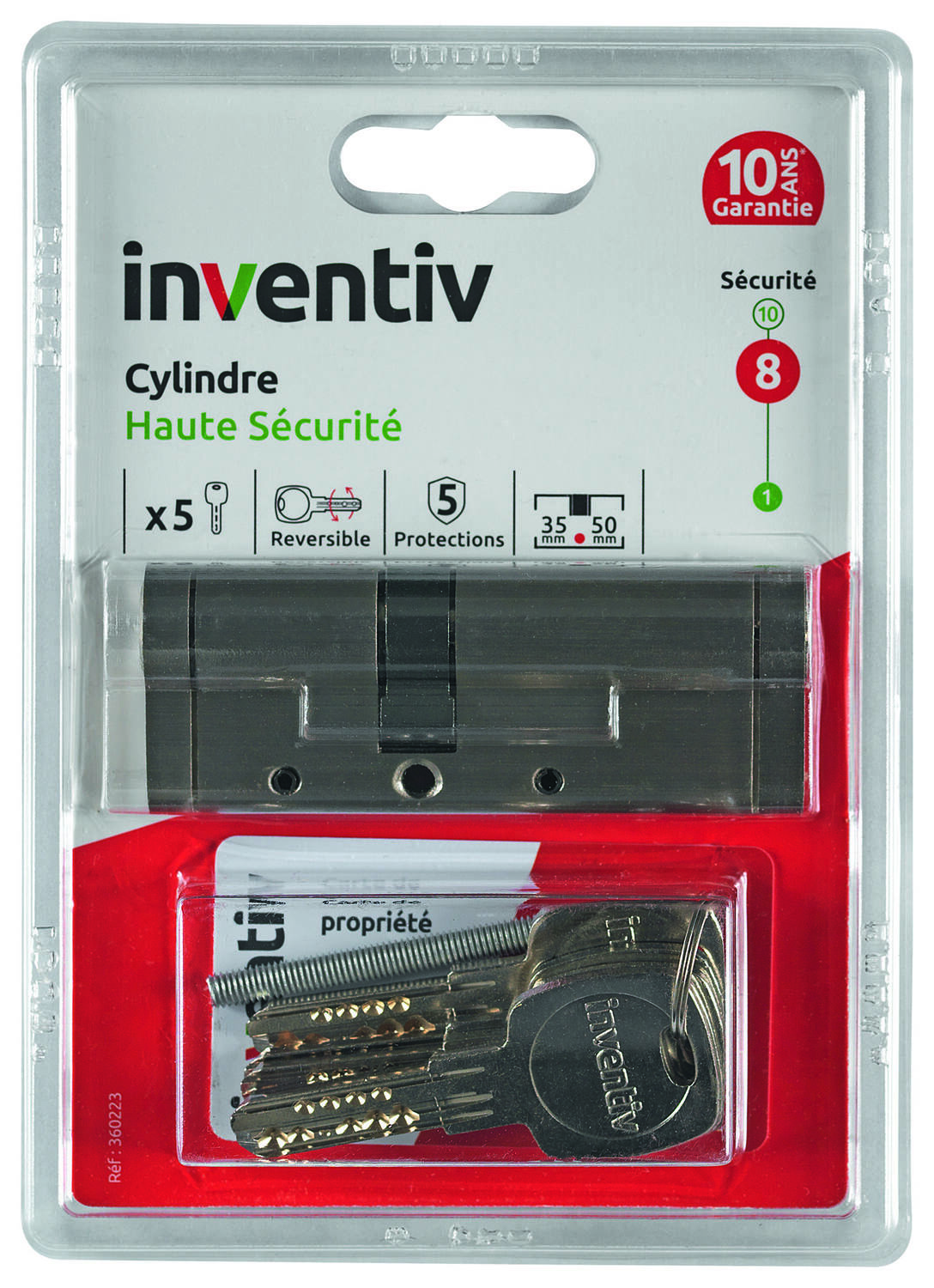 Cylindre de Serrure Haute Sécurité 5 Protections L.35+50mm - INVENTIV