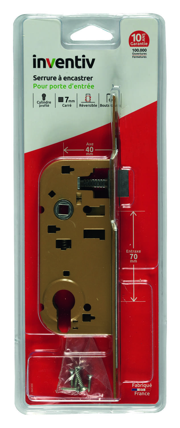 Serrure à encastrer porte d'entrée, axe 40mm - INVENTIV