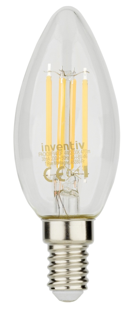 3 ampoules Filament LED Flamme Transparent E14 470Lm 40W 2700K Blanc chaud - INVENTIV