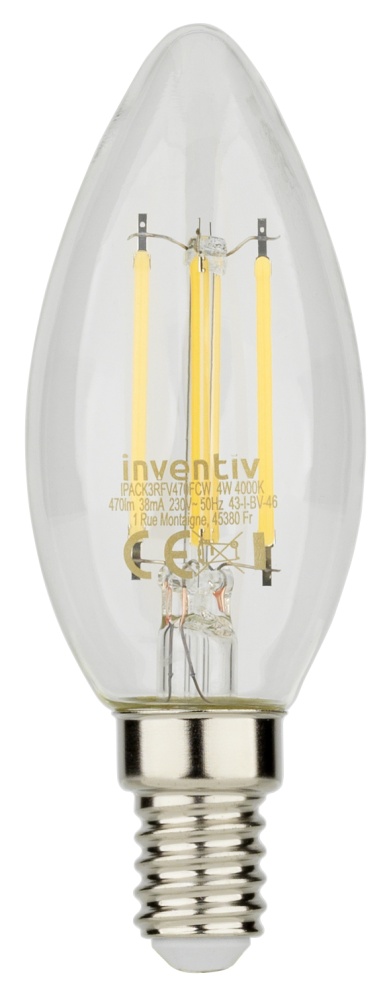 3 ampoules Filament LED Flamme Transparent E14 470Lm 40W 4000K Blanc neutre - INVENTIV