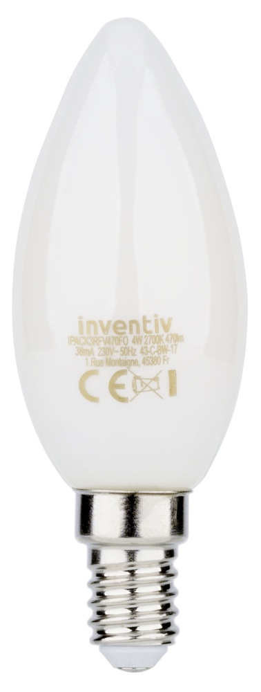 3 ampoules Filament LED Flamme Opaque E14 470Lm 40W 2700K Blanc chaud - INVENTIV