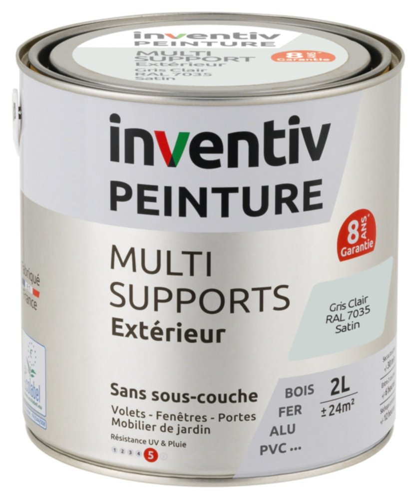 Peinture Extérieure Bois Fer Plastique Gris Clair Satiné 2L - INVENTIV