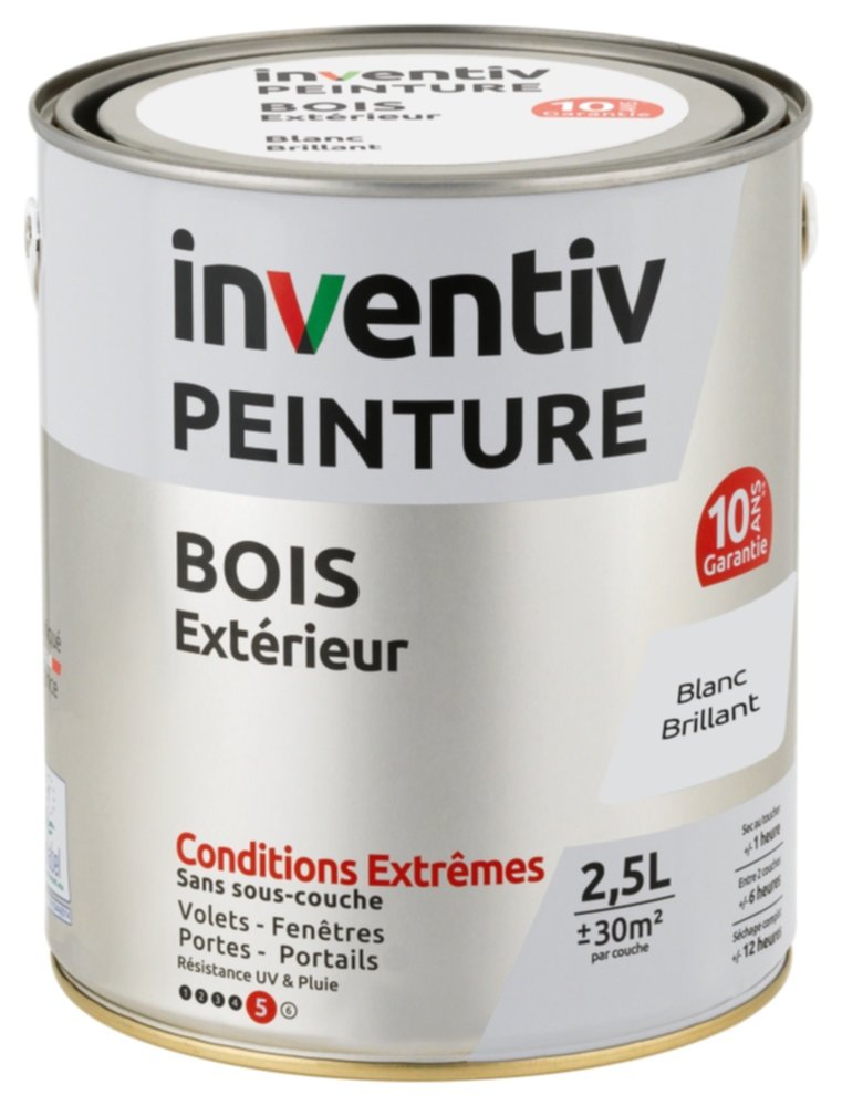 Peinture Extérieure Bois 10 ans Blanc Brillant 2,5L - INVENTIV