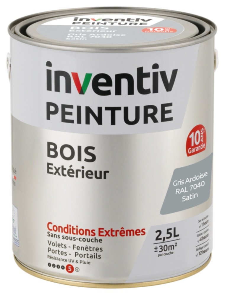 Peinture Extérieure Bois 10 ans Gris Ardoise Satin 2,5L - INVENTIV