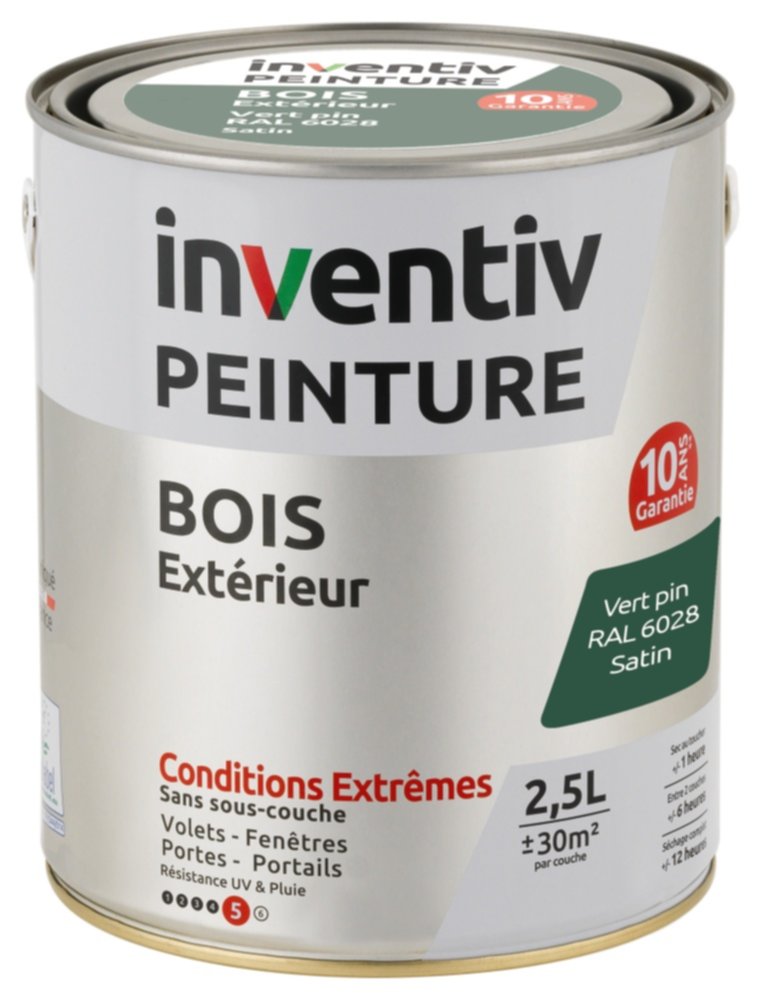 Peinture Extérieure Bois 10 ans Vert Pin Satin 2,5L - INVENTIV