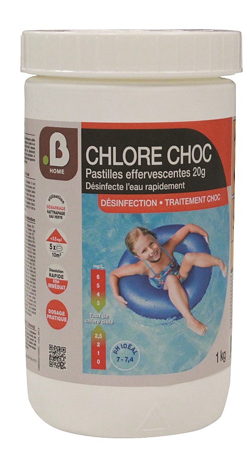Pastilles effervescentes de 20gr Chlore Choc traitement piscine 1kg - B HOME
