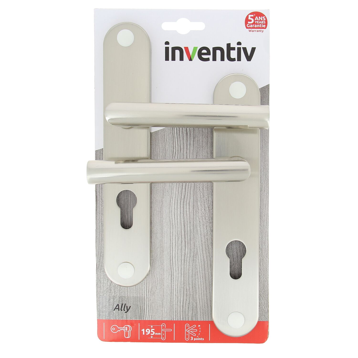 2 poignées de porte Ally entraxe 195 cylindre alu/acier nickel mat - INVENTIV