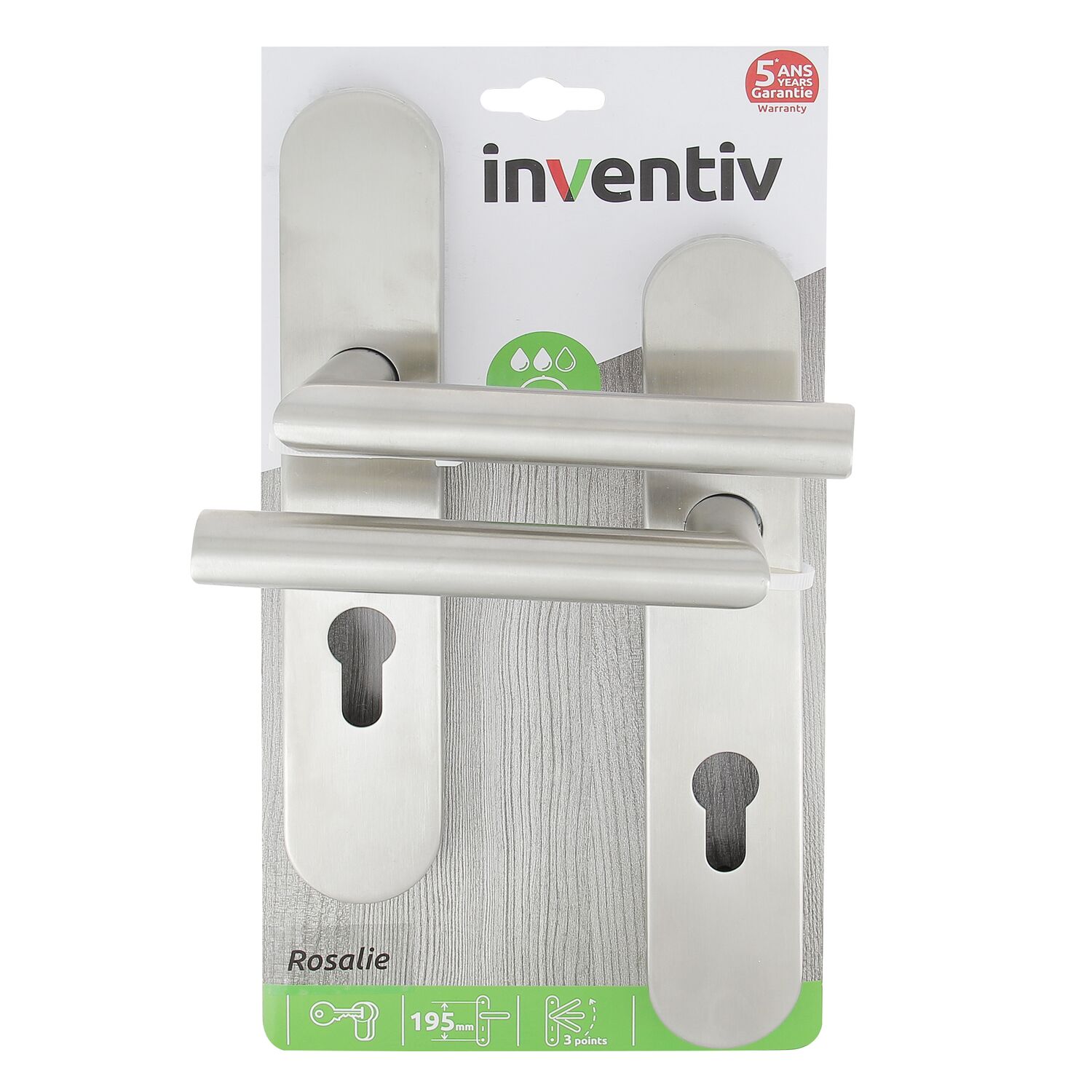 2 poignées de porte extérieure Rosalie entraxe 195 cylindre inox - INVENTIV