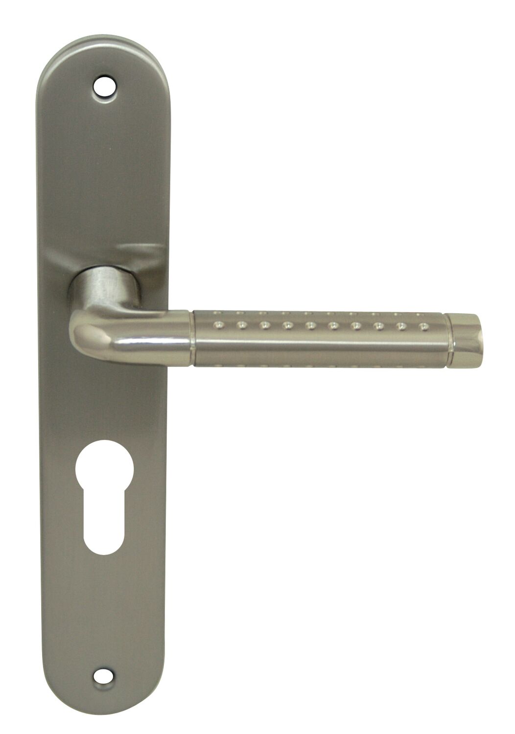 2 poignées de porte Cléa entraxe 195 cylindre alu/acier nickel mat - INVENTIV