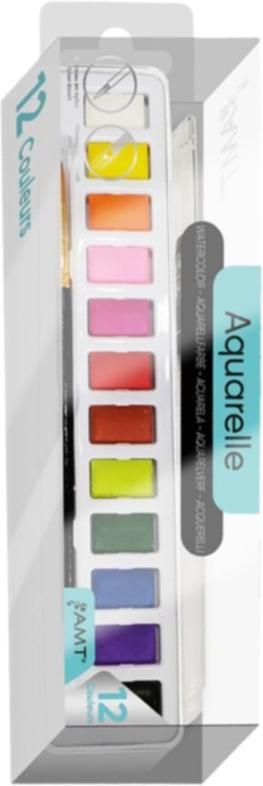 Boîte de 12 godets et pinceau aquarelle fine couleurs basiques - AMT