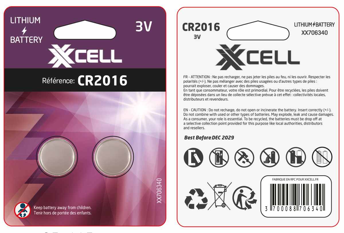 Piles bouton lithium haute capacité CR2016 XXCELL