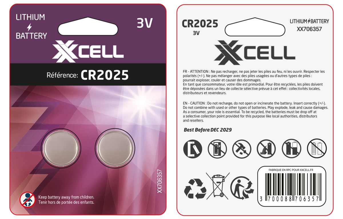 Piles bouton lithium haute capacité CR2025 XXCELL