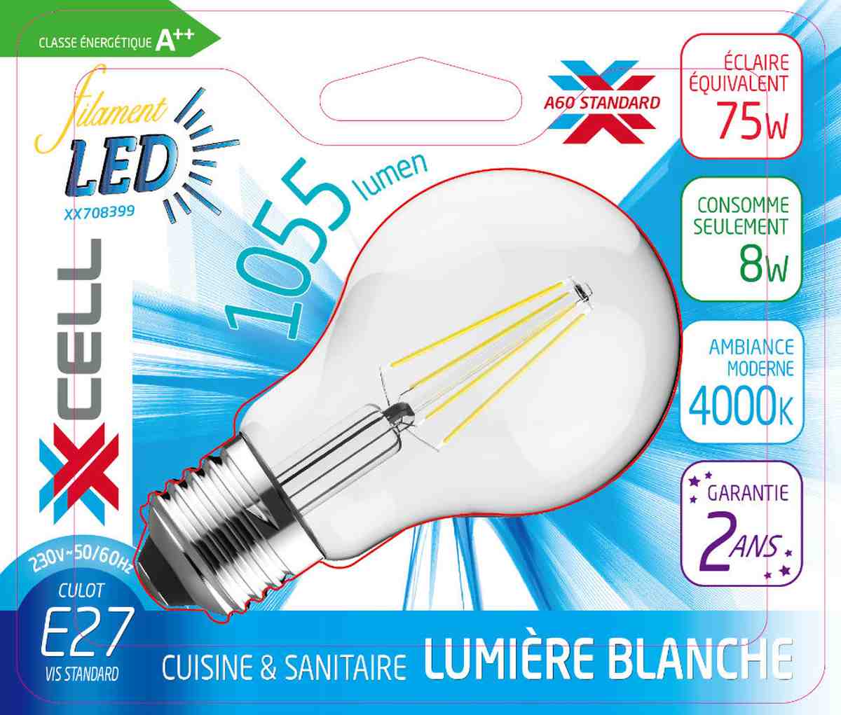 Ampoule LED  Filament Standard Claire A60 E27 8W 1065Lm 4000K Blister1 XXCELL