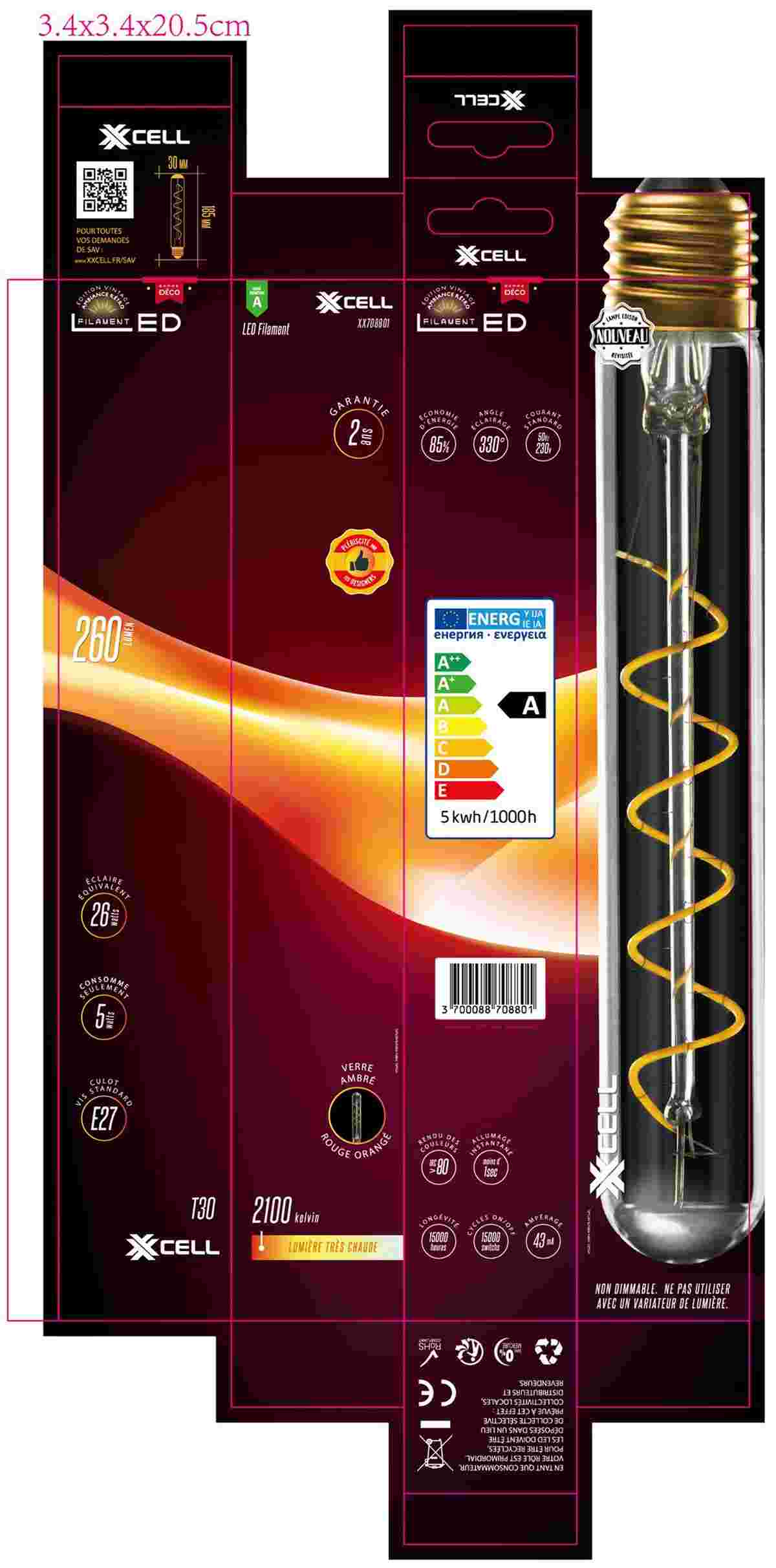 Ampoule LED  Filament Spirale Tube Ambre T30 E27 5W 260Lm 2100K Boite1 XXCELL