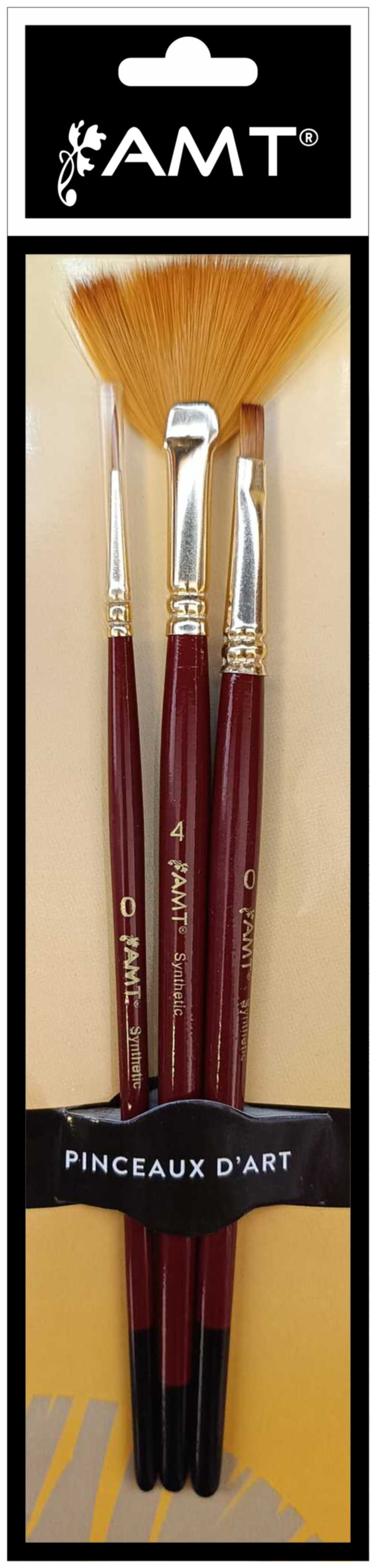 Set de 3 pinceaux évantail n°4 plat n°2 rond n°0 acrylique/huile - AMT