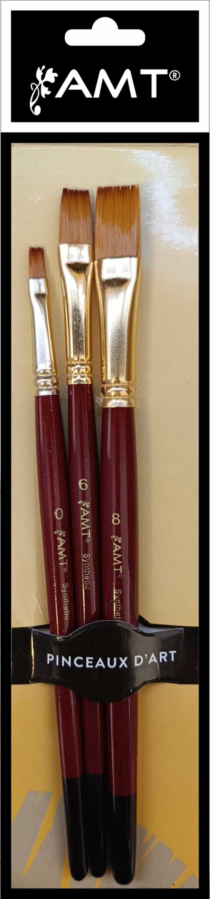 Set de 3 pinceaux plats n°0/6/8 acrylique/huile - AMT