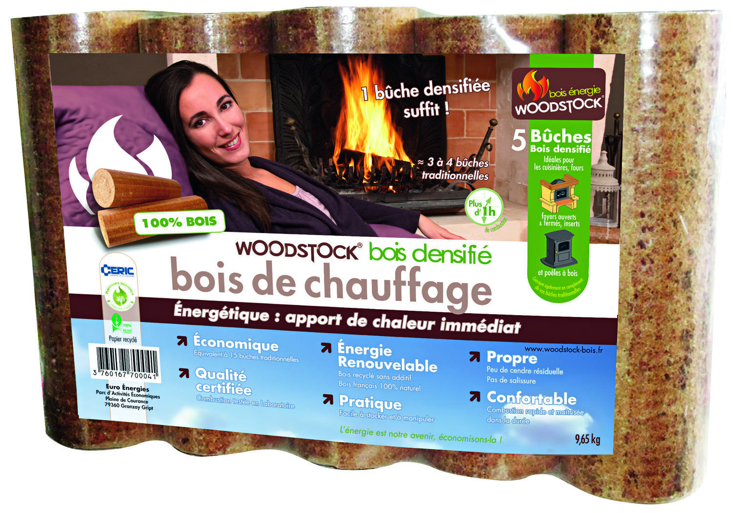 Bûches compressées 100% naturelles 9,65kg - WOODSTOCK