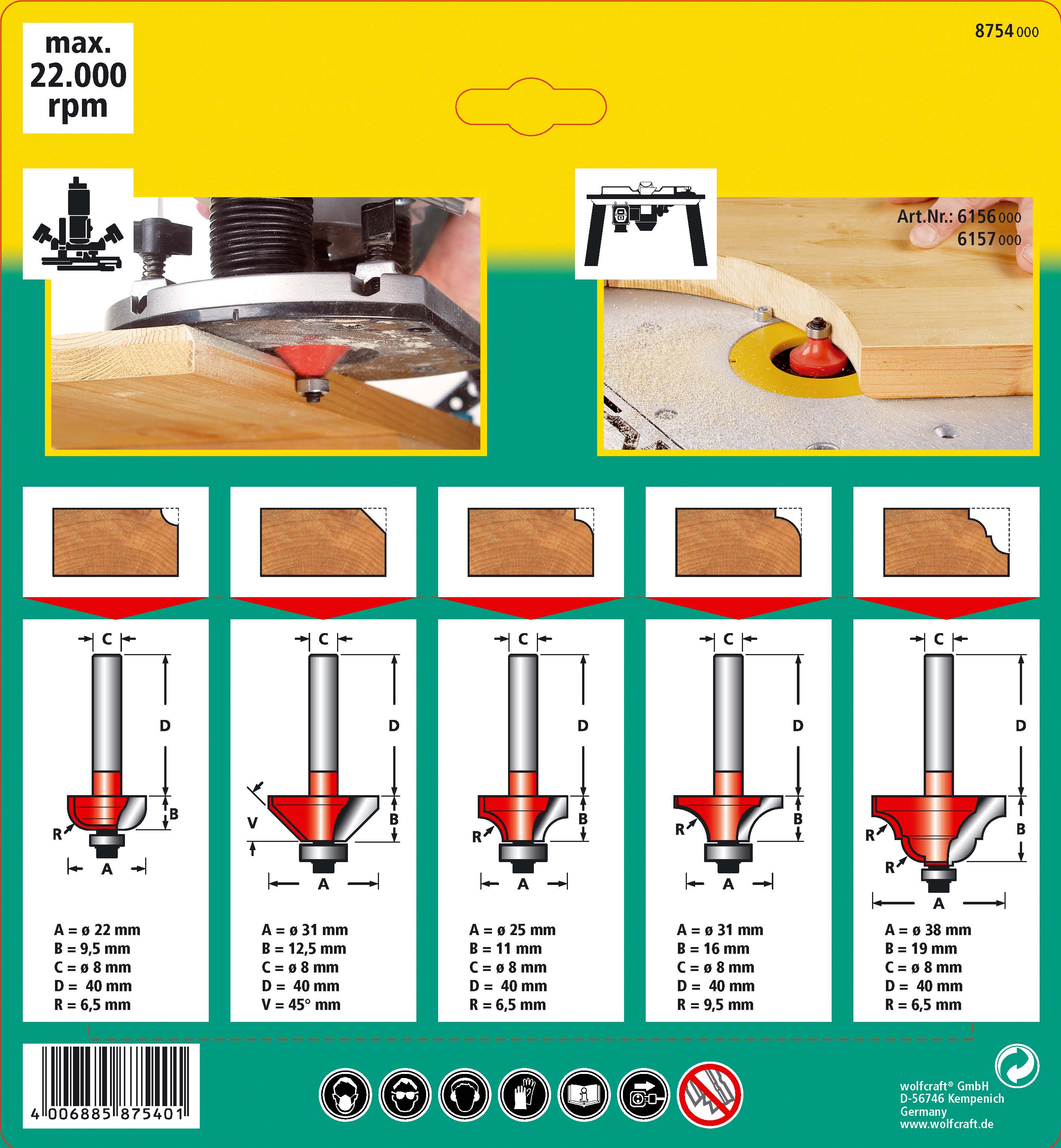Coffret de 5 fraises à profilés CT Ø8 mm - WOLFCRAFT