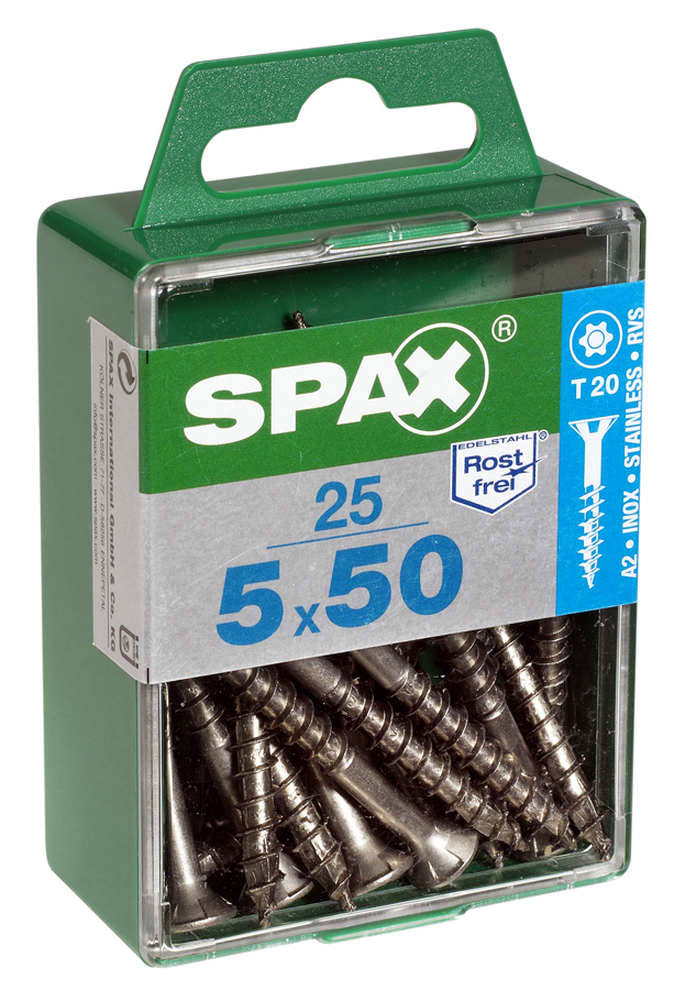 25 vis 5x50 tête fraisée empreinte t-star+ T20 inox A2 SPAX