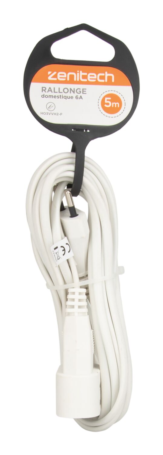 Rallonge électrique ménager 6A Blanc 5m - ZENITECH