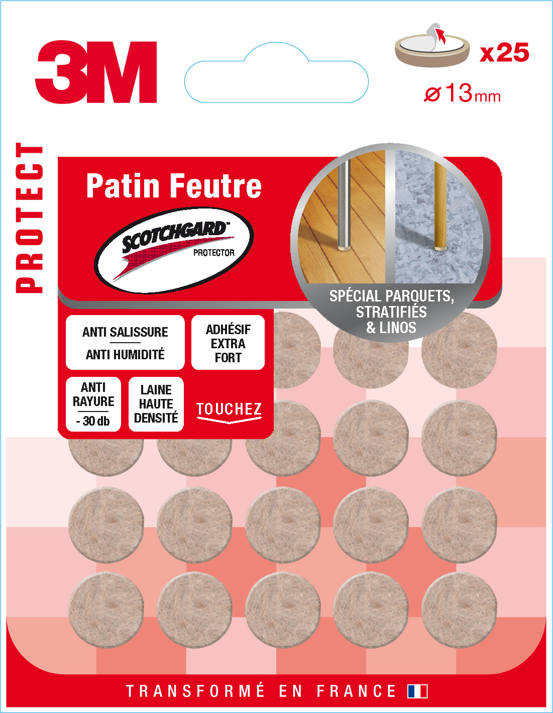 Patin feutre laine adhesif scotchgard 13mm beige - 3M