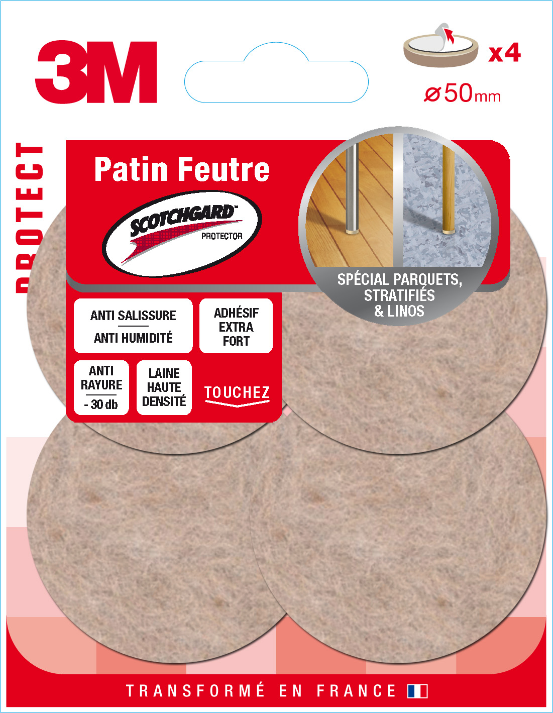 Patin feutre laine adhesif scotchgard 50 beige - 3M