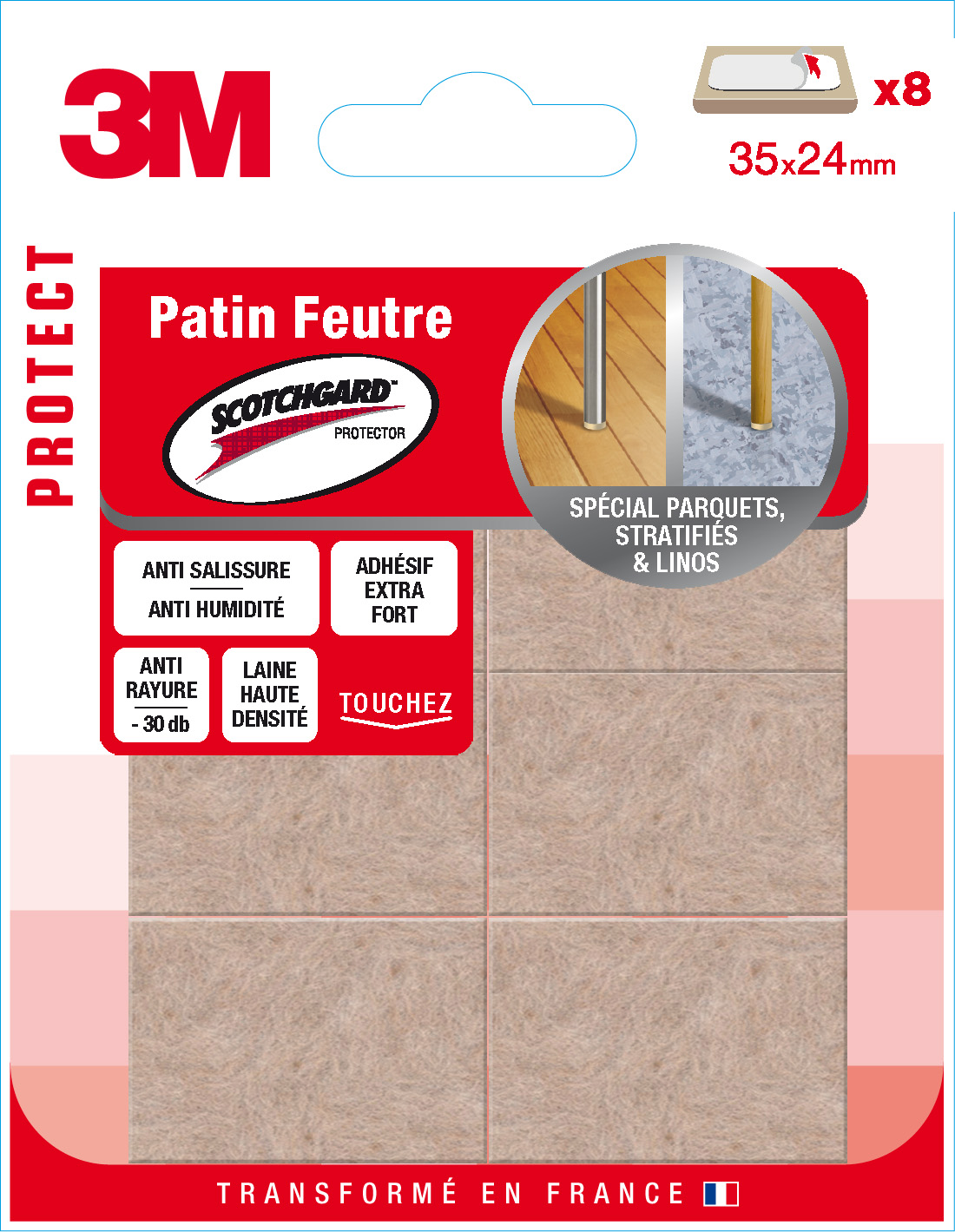 Patin feutre laine scotchgard adhésif 35mx24mm beige - 3M