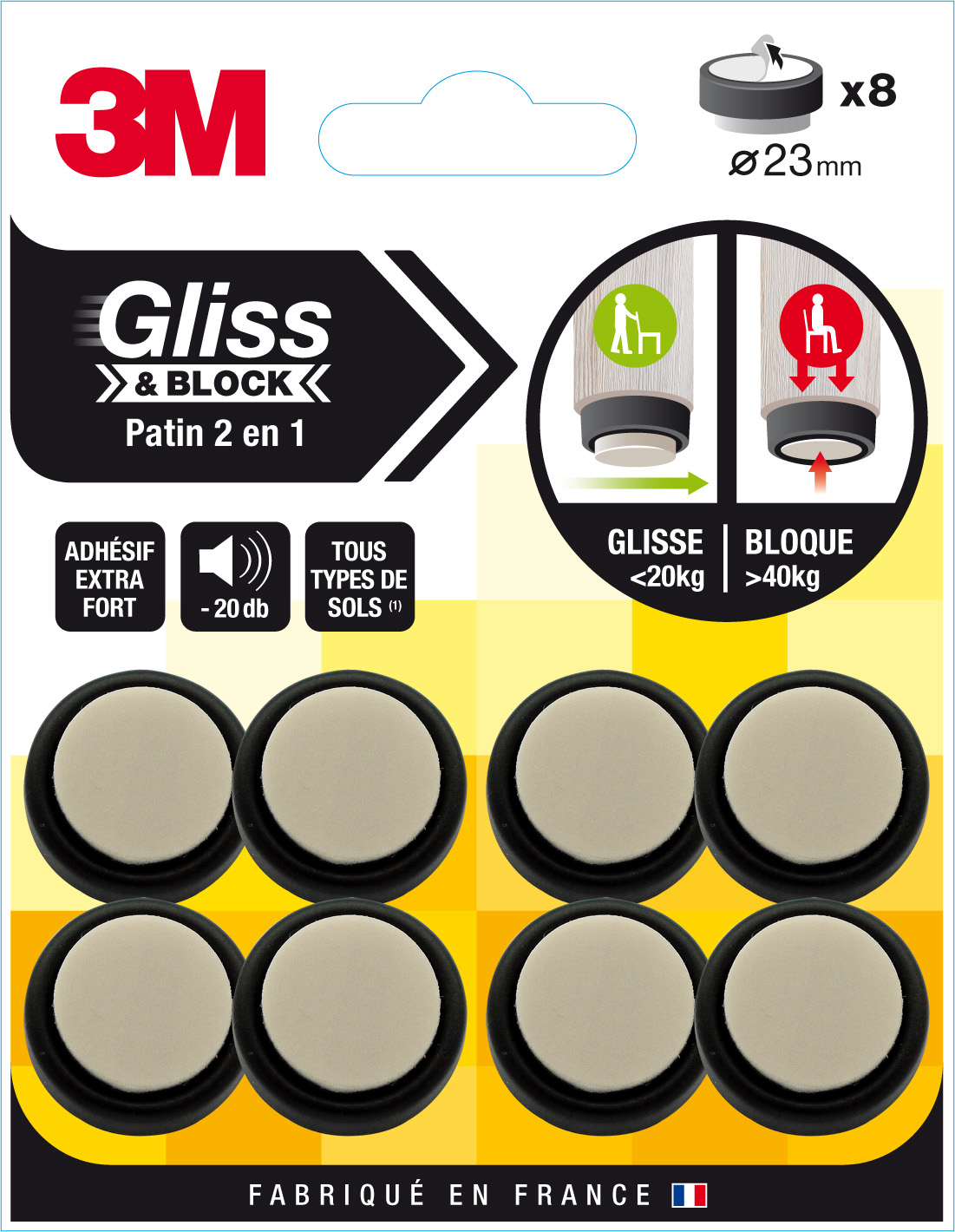 Patin gliss & block adhesif 23mm noir/beige - 3M