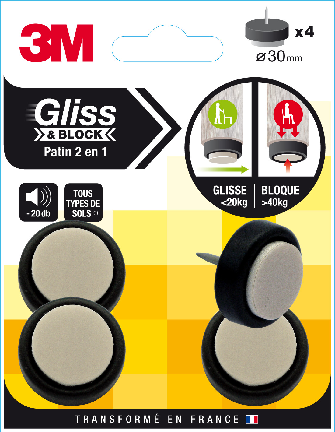 Patin gliss & block à clouer noir/ beige diam 30mm - 3M