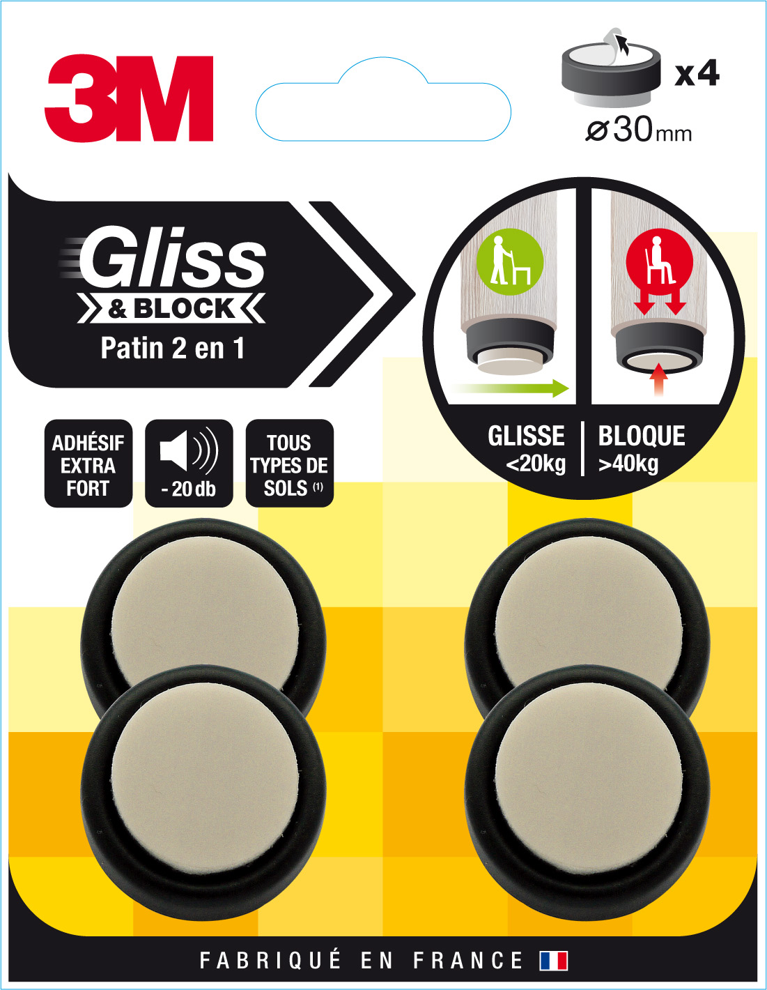 Patin gliss & block adhésif noir/beige diam 30mm - 3M