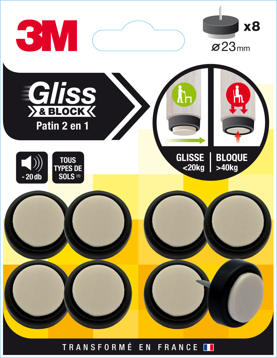 Patin gliss & block a clouer noir/beige diam 23mm - 3M