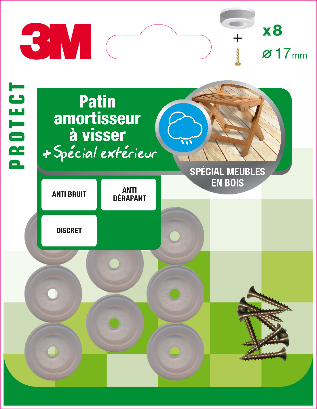 Patin plastique amort a visser 17mm transparent spécial extérieur - 3M